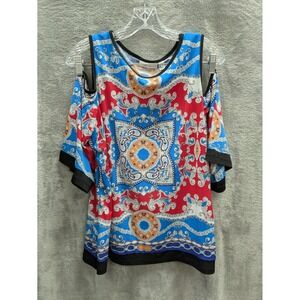 Susan Graver Top Women Medium Liquid Knit Cold Shoulder Baroque Bell Sleeve